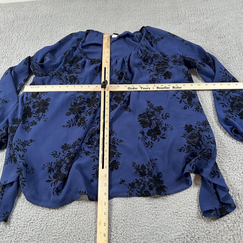 Torrid Shirt Womens 2 Blue Black Floral Sheer Long Sleeve Split Back Blouse - Picture 6 of 16
